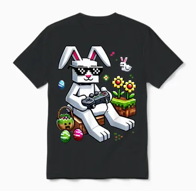 Boys Happy Easter Day Bunny Egg Video Game Kids Mens Gamer Unisex T-Shirt - Black