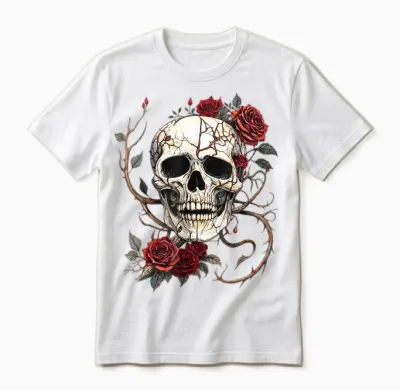 Tête De Mort Roses Rouges Baroque Gothique Vintage Tattoo Unisex T-Shirt - White