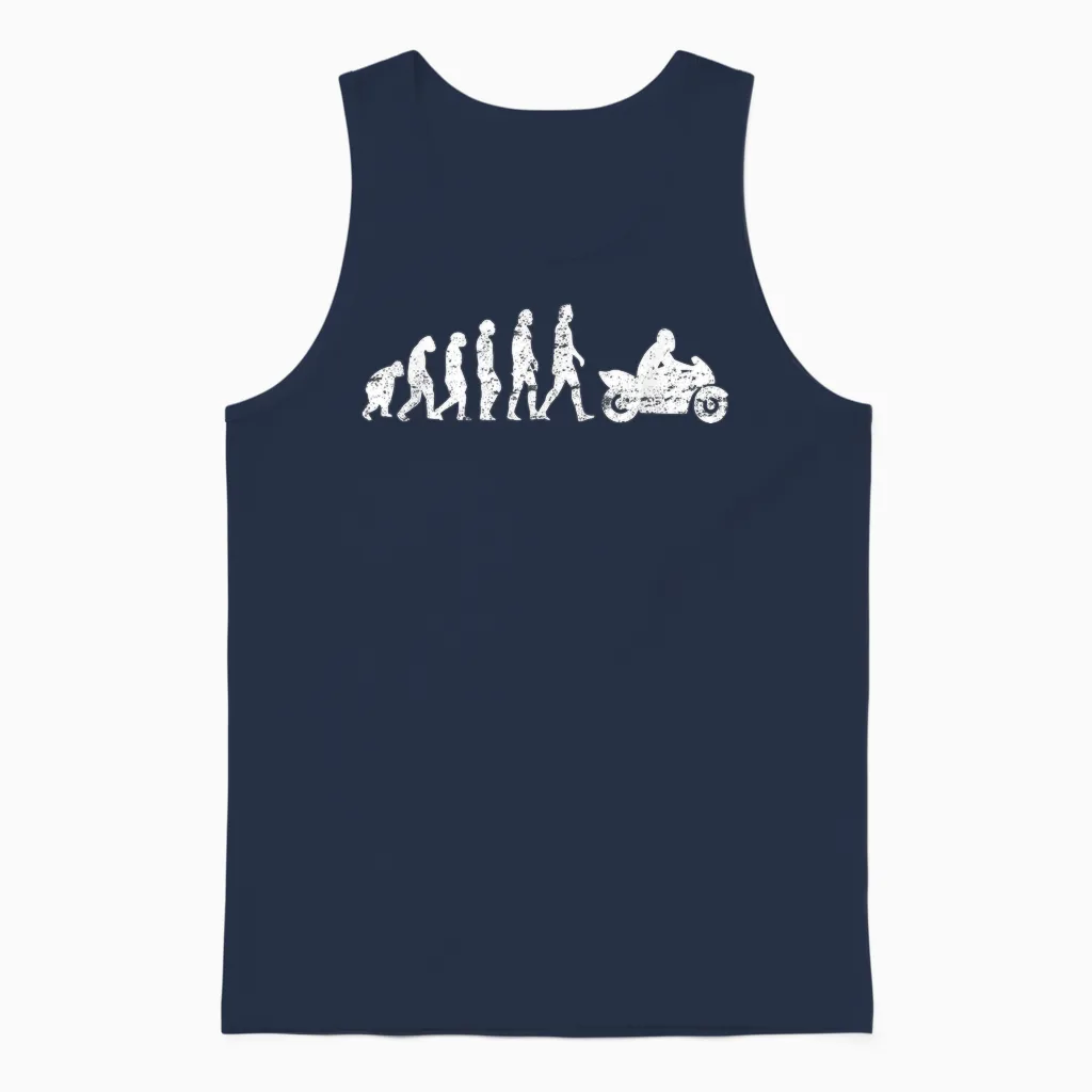 Evolution Motorcycle Motorcyclist Bike Biker Wheelie T-Shirt, Black, S Unisex Tank Top in Navy