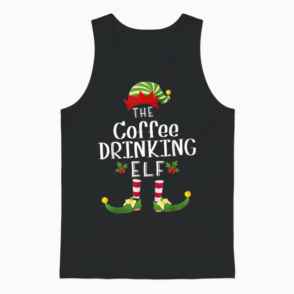 Coffee Drinking Christmas Elf Matching Pajama X-Mas Party Unisex Tank Top in Black