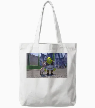 Shrek Iconic Donkey & Shrek Photo Scene Big Chest Poster T-Shirt, Black Tote Bags - White