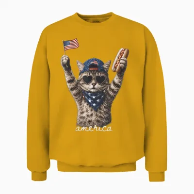 Retro Funny America Cat Hot Dog Lovers Patriotic Us Unisex Sweatshirt - Gold