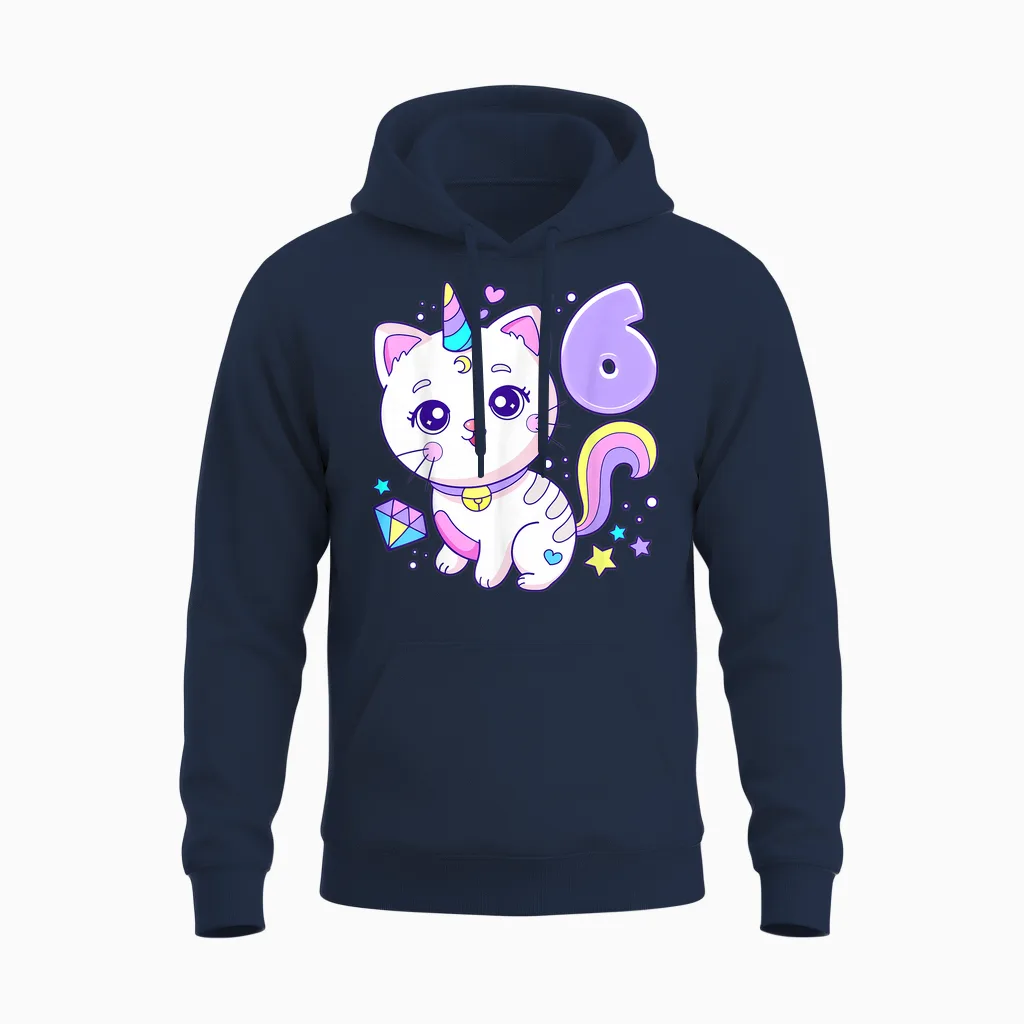 Geburtstag Mädchen 6 Jahre, Katze, Einhorn, 6. Geburtstag Unisex Hoodie in Navy