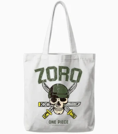 One Piece Straw Hat Pirate Hunter Roronoa Zoro Logo Anime T-Shirt, Black Tote Bags - White