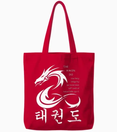 Dragon W/ Korean Taekwondo Symbols & 5 Tkd Tenets Tote Bags - Red
