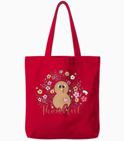 Thankful Floral Turkey Natural Cute Thanksgiving Tote Bags - Red