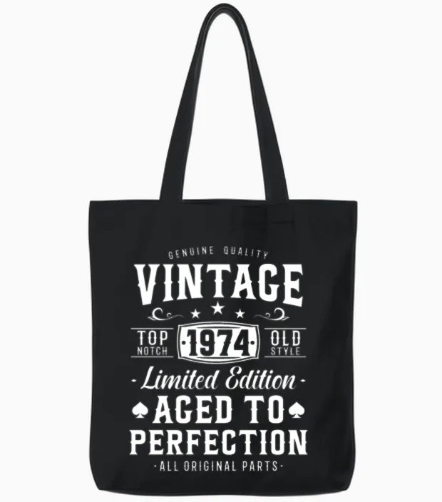 Vintage 1974 Birthday Gift Tote Bags in Black