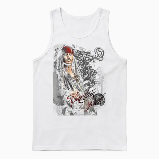 Disney Pirates of the Caribbean Captain Jack Ornate Poster T-Shirt, Black Unisex Tank Top in White