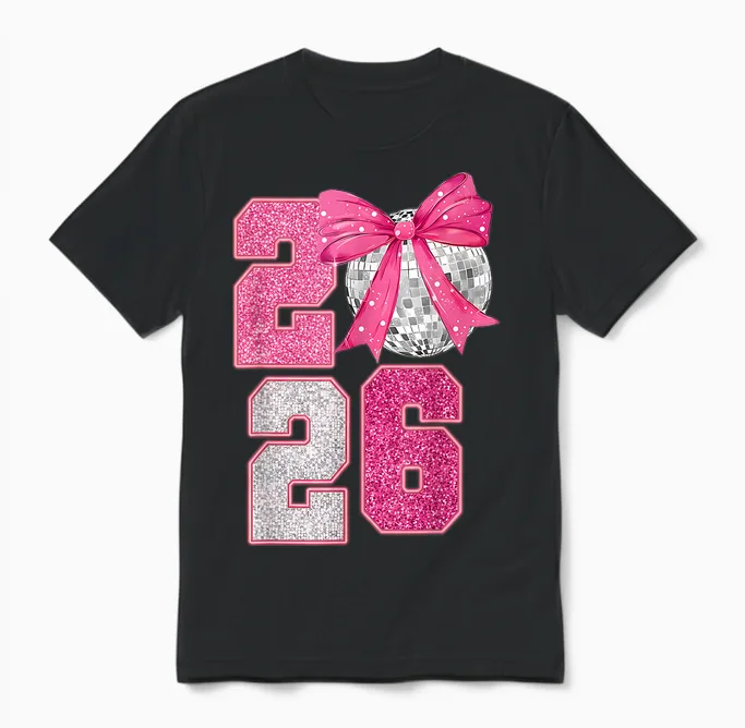 Happy New Year 2026 Disco Ball Pink Coquette Bow Family Unisex T-Shirt in Black