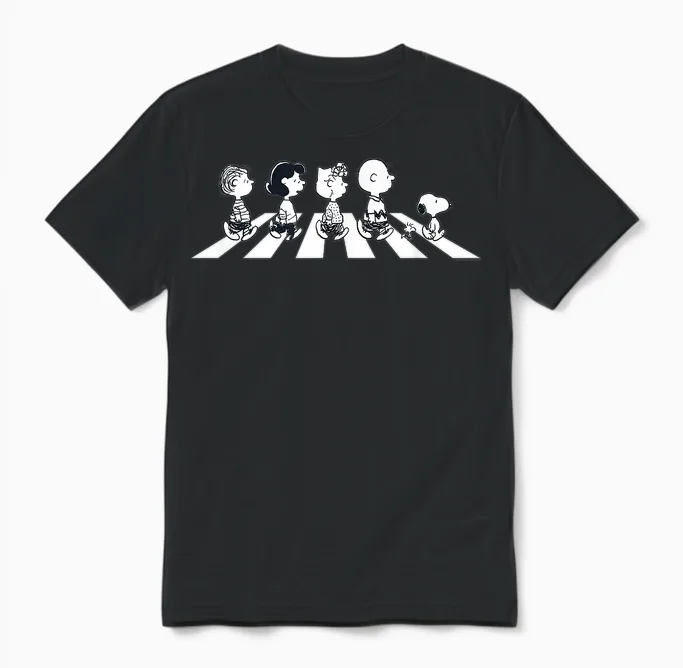 Peanuts Snoopy Charlie Woodstock Beatles Walking Fun Classic Unisex T-Shirt in Black