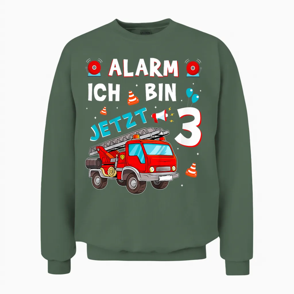 Children's 3rd Birthday Boy Girl Fire Brigade Gifts Fire Engine T-Shirt, Black Unisex Sweatshirt in Military Green