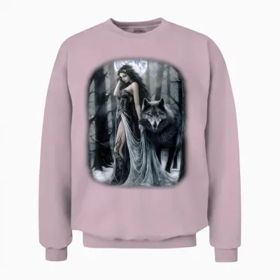 Frau Und Grauer Wolf Im Dunklen Wald Mit Mond Fantasy Unisex Sweatshirt - Light Pink
