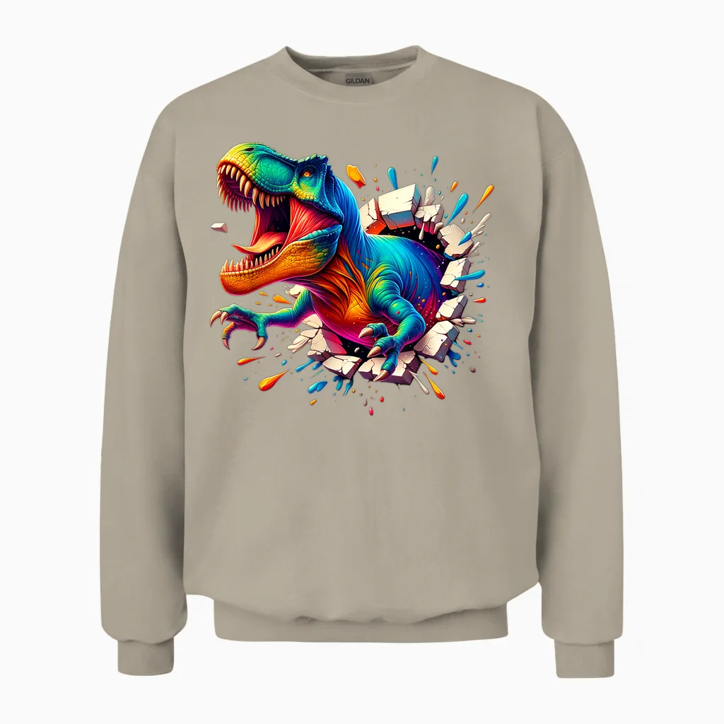Colourful Dino Cool Tyrannosaurus Rex Dinosaur Unisex Sweatshirt in Sand