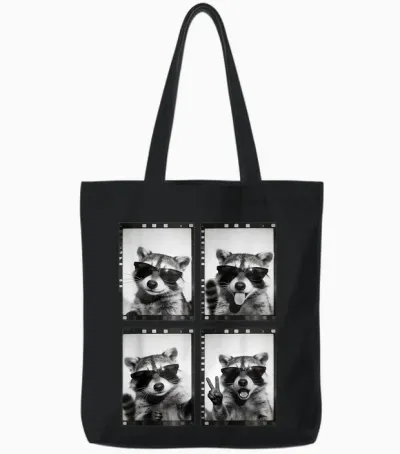 Lustiger Waschbär Photobooth Retro Film Strip Sonnenbrille Meme Tote Bags - Black