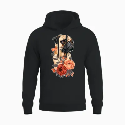 Cute Pug Dog Flowers Pug Unisex Hoodie - Black