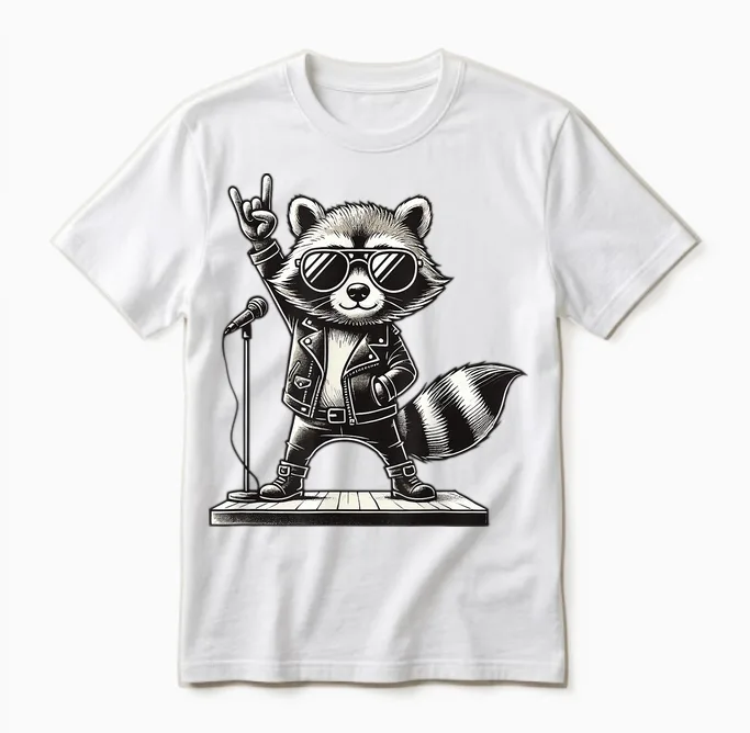 Rock Music & Rocker, Rock Hand, Kids & Boys, Funny Raccoon T-Shirt, Black, S Unisex T-Shirt in White