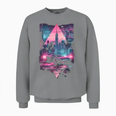 1980s 1990s Retro Car Retrowave Aesthetic with City Skyline Unisex Sweatshirt - Sport Grey
