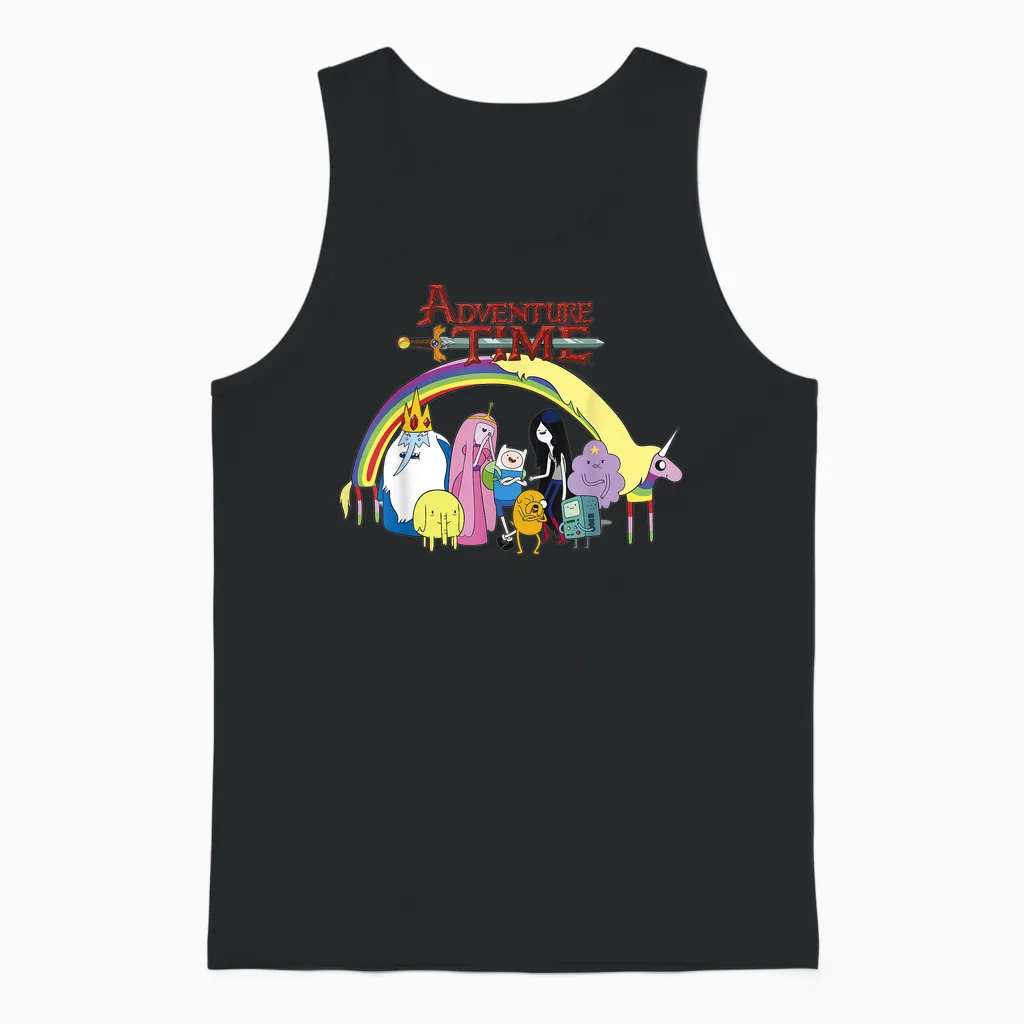 Adventure Time Classic Rainbow Unicorn Group Shot Unisex Tank Top in Black