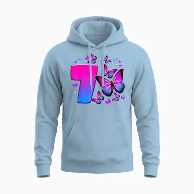 Birthday Girl 7 Years Old Butterfly Number 7 T-Shirt, Black Unisex Hoodie - Light Blue