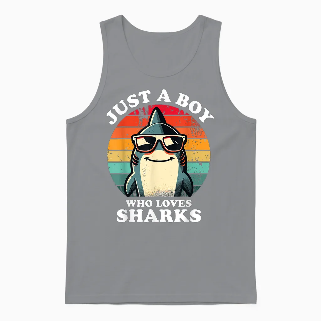 Just a Boy Who Loves Sharks a Shark Lover Fun and Retro Unisex Tank Top in Sport Grey