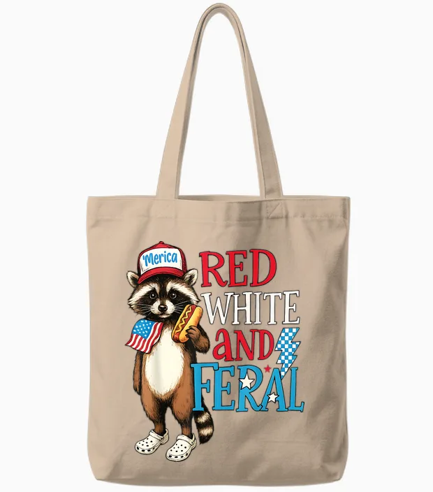 Funny Raccoon 4th of July Patriotic Cute Red White and Feral Tote Bags in Natural