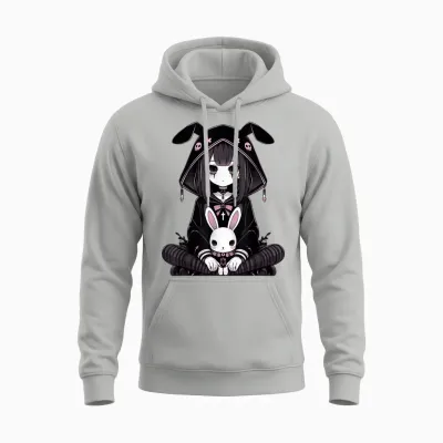 Goth Bunny Anime Girl Kawaii Gothic Creepy Art Japanese T-Shirt, Black, S Unisex Hoodie - Ash