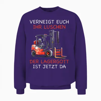 Men's T-Shirt with German Text "lagergott Ist Da Stapler Lagerist" [german Language], Black Unisex Sweatshirt - Purple