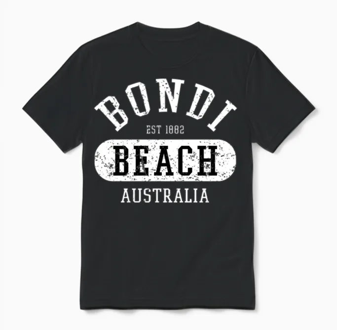 Vintage College Style Bondi Beach Australia Graphi Unisex T-Shirt in Black