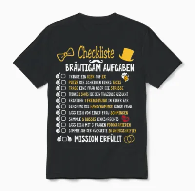Junggesellenabschied Mann Kostüm & Polter Shirts Groom Tasks Rumbling Jga Checklist T-Shirt Black Small Crew Neck Short Sleeve Classic Fit T-Shirt for Men Unisex T-Shirt - Black