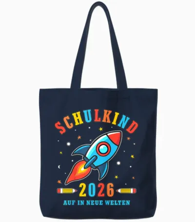 Kinder Schulkind 2026 Auf in Neue Welten Rakete Jungen Tote Bags - Navy