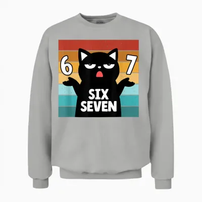 67 Meme Cat Shirt 6 7 Hand Gesture for Teenagers Slang Six Seven Unisex Sweatshirt - Ash