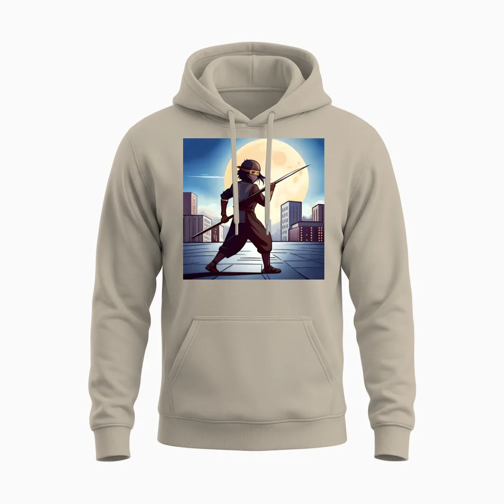 Design of a Ninja Boy in a City Unisex Hoodie in Sand
