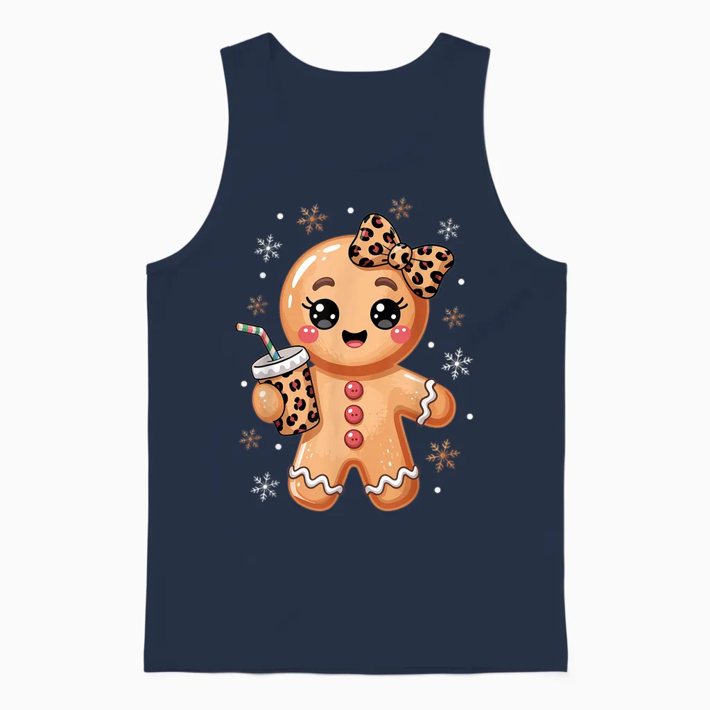 Cute Gingerbread Leopard Coquette Bow Christmas Gingerbread Unisex Tank Top in Navy