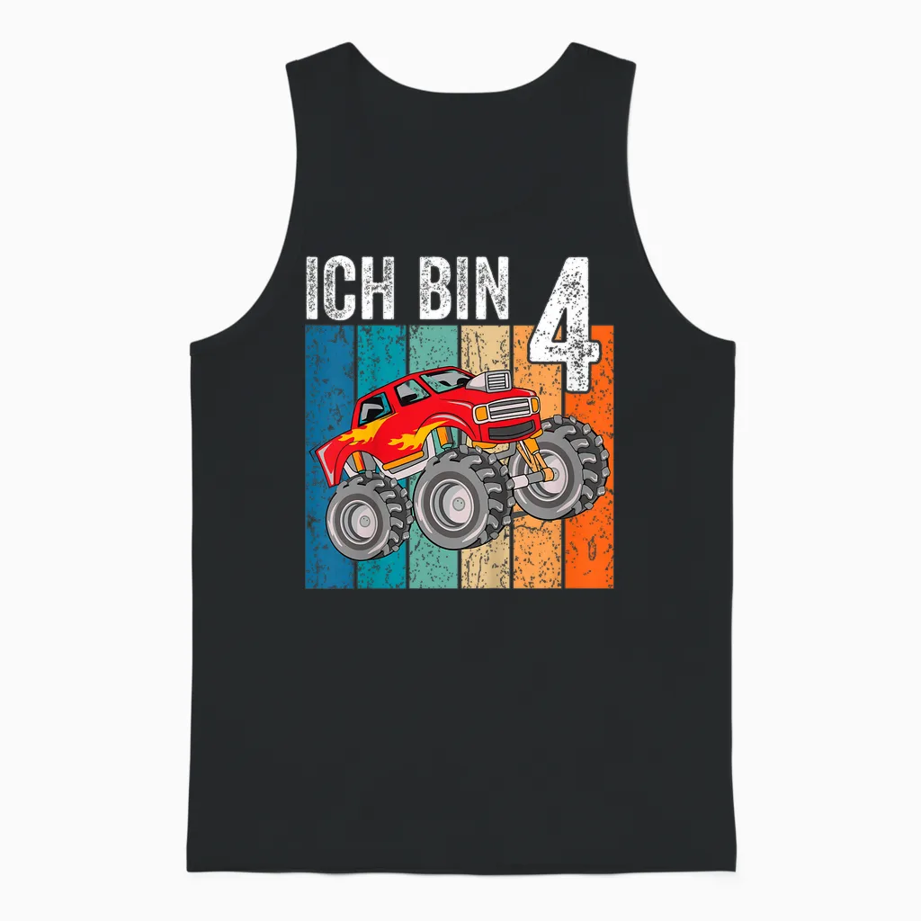 Kinder Monster Truck Geburtstag Deko Kinder 4 Jahre Junge Ich Bin 4 Unisex Tank Top in Black