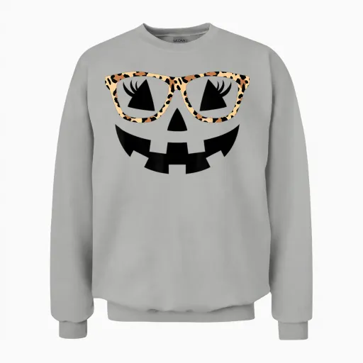 Jack O Lantern Face Pumpkin Hallowen Leopard Print Glasses Unisex Sweatshirt in Ash