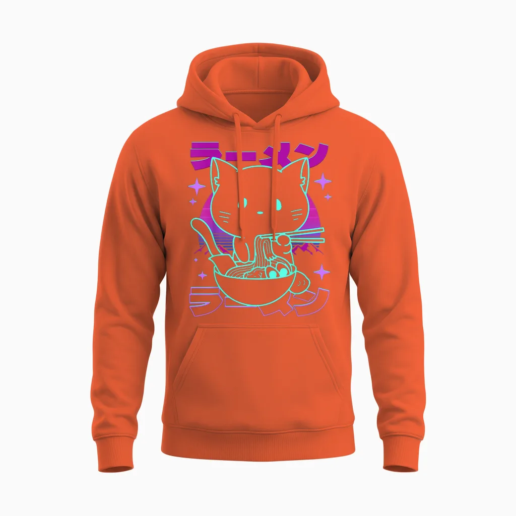 Anime Ramen Cat Retro Japanese Noodles Aesthetic Kawaii Cat Unisex Hoodie in Orange