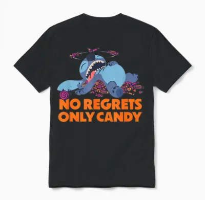 Amazon Essentials Stitch Halloween No Regrets Only Candy Unisex T-Shirt - Black