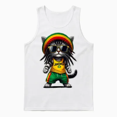 Jameowca Cool & Funny Jamaican Rasta Reggae Cat T-Shirt, Black, S Unisex Tank Top - White