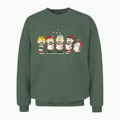 Peanuts Christmas T-Shirt - Blue, Unisex-Adults, Small, Short Sleeve, Classic Fit, Cotton, Polyester Blend Unisex Sweatshirt - Military Green