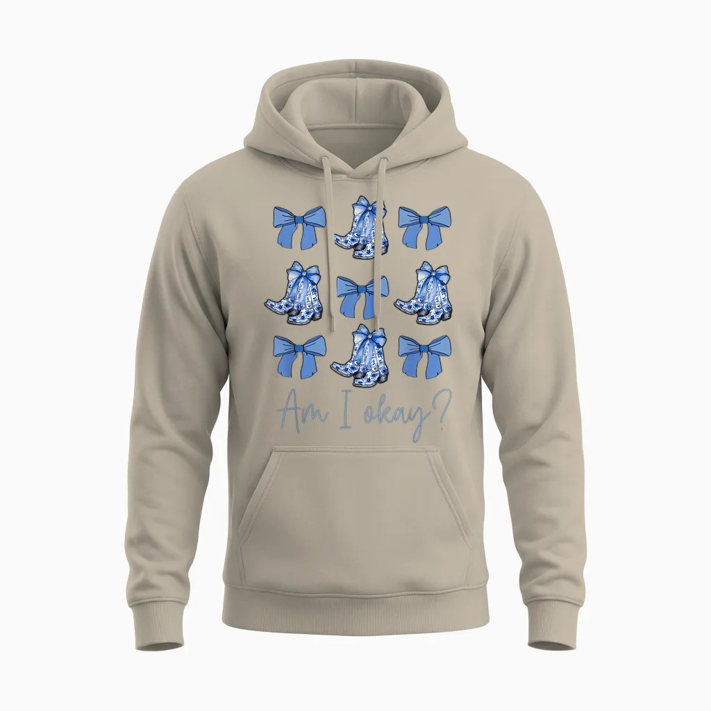 Am I Okay Boots Cowgirl Coquette Bow Women Girls Unisex Hoodie in Sand