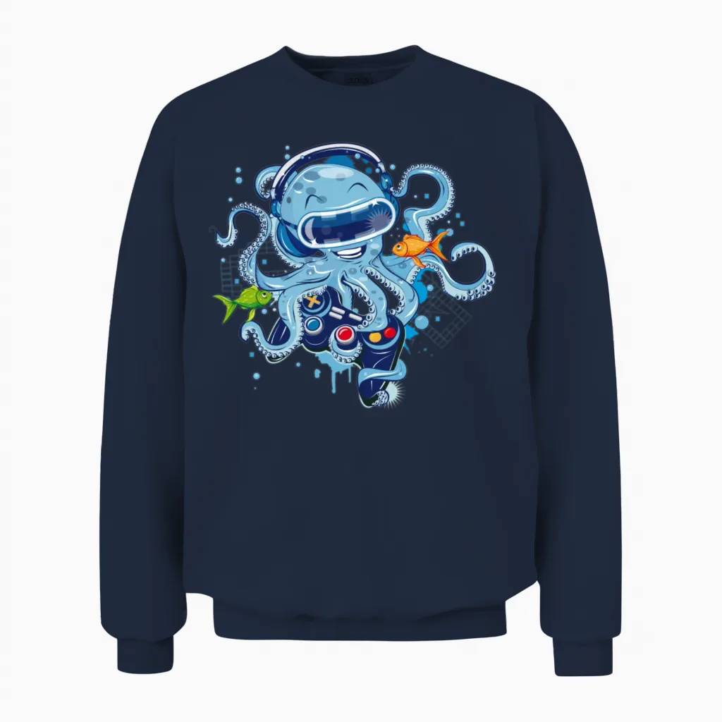 Octopus with Gamepad and Vr Goggles Unisex Sweatshirt in Navy