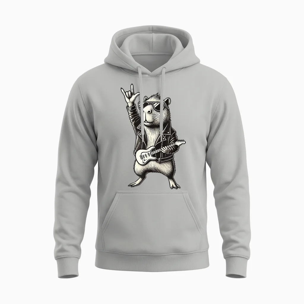 Rock and Heavy Metal Music, Capybara Rocker and Hand Guitar Rock Unisex Hoodie in Ash