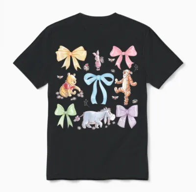 Disney Winnie the Pooh Cute Group Shot Sketch Chest Logo Unisex T-Shirt - Black