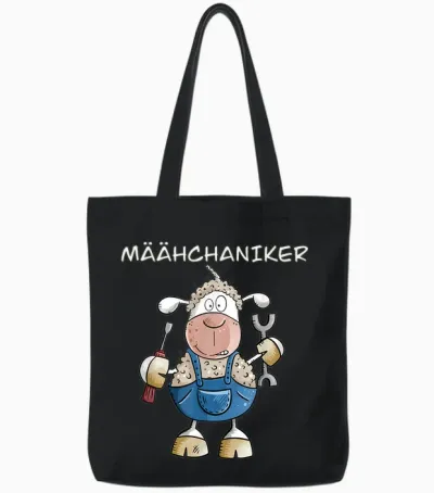 Funny Sheep Word Game Mowing Caniker I Mechanic Screwdriver T-Shirt, Black Tote Bags - Black