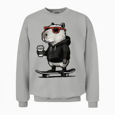 Cool Capybara on Skateboard with Coffee Funny Skater Kapy Unisex Sweatshirt - Ash
