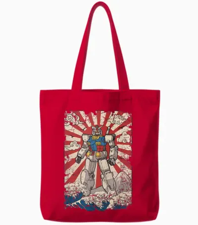 Japanese Mecha Anime Robot Kanagawa Great Wave Manga Tote Bags - Red