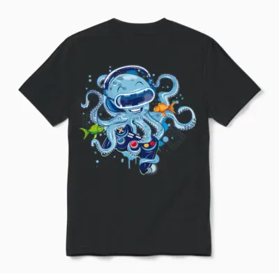 Octopus with Gamepad and Vr Goggles Unisex T-Shirt - Black