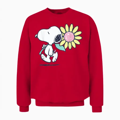 Peanuts Snoopy Pink Daisy Flower Unisex Sweatshirt in Red