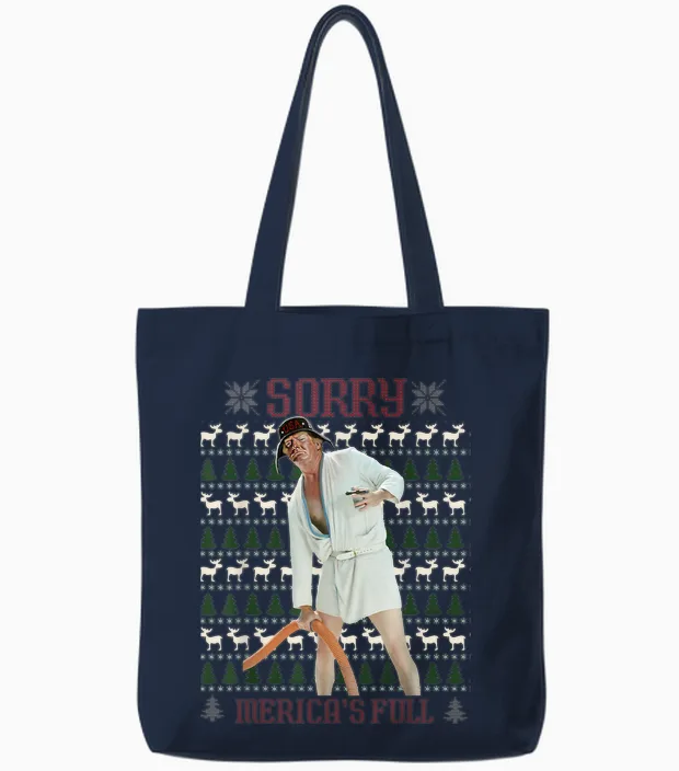 Sorry Merica's Full Funny Trump Ugly Christmas Tote Bags in Navy