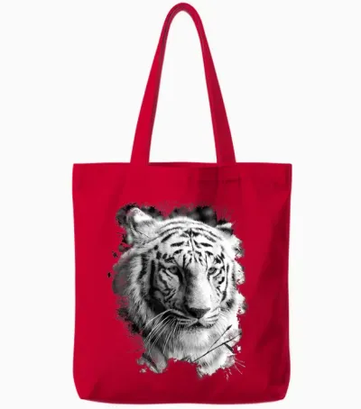 White Tiger Head Wild Portrait Large Cat Animal T-Shirt, Black, S Tote Bags - Red